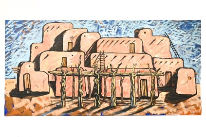 Signed Mural Size Oil Painting of Adobe Scene