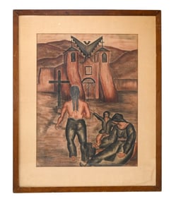 Harry Katz Signed Pastel Pueblo Church 1937