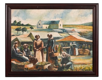 Signed Eastern Market Scene Oil on Canvas Painting