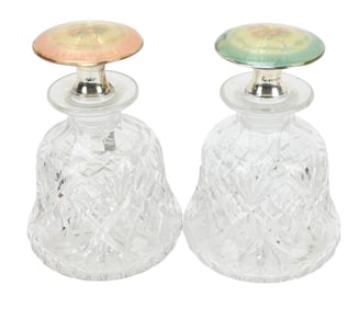 Pair Antique Cut Crystal Vanity Bottles Guilloche