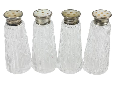 4 Antique Sterling Silver Cut Crystal MOP Shakers