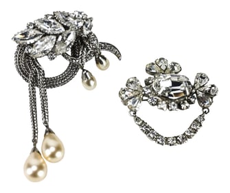 2 Vintage Rhinestone Silver Tone Brooches