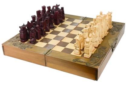 Asian Style Carved Chess Set in Combo Box w Board