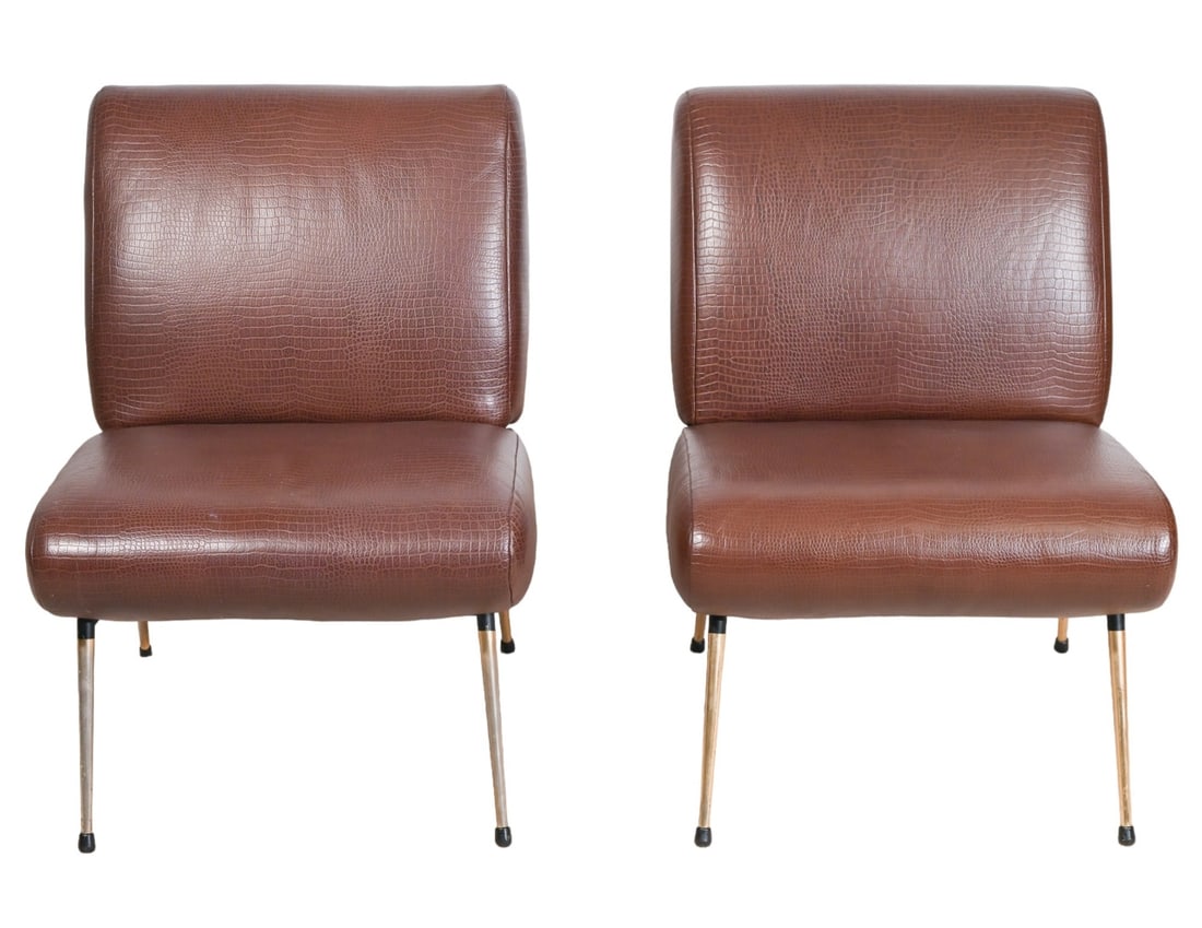 Pair French Leather Upholstered Slipper Chairs (1 of 12)