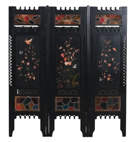 3 Panel Black Lacquered Screen with Stained Glass