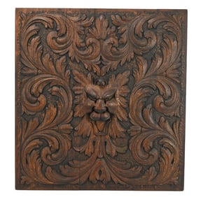 19th C Black Forest Hand Carved Oak Lion Plaque