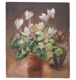 Strant Signed Oil Painting Still Life Cyclamen Cat