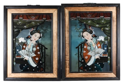 2 Antique 19th C Chinese Reverse Painted Portraits