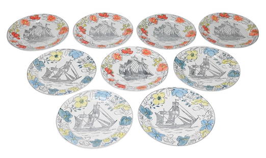 9 Molly Hatch Anthropologie Ceramic Plates: 9 Molly Hatch Anthropologie Hand Painted Ceramic Plates Featuring Sail Boats and Flowers. Each measures 11 inches in diameter.