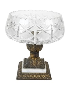 Cut Crystal Footed Compote w Bronze & Marble Base