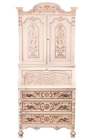 French Country Carved White Washed Secretary
