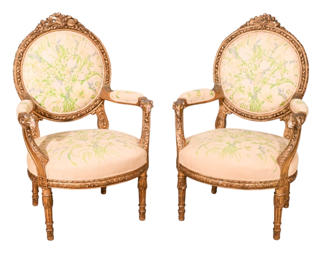 Pair Louis XVI Style Carved Fauteuil Armchairs (1 of 13)