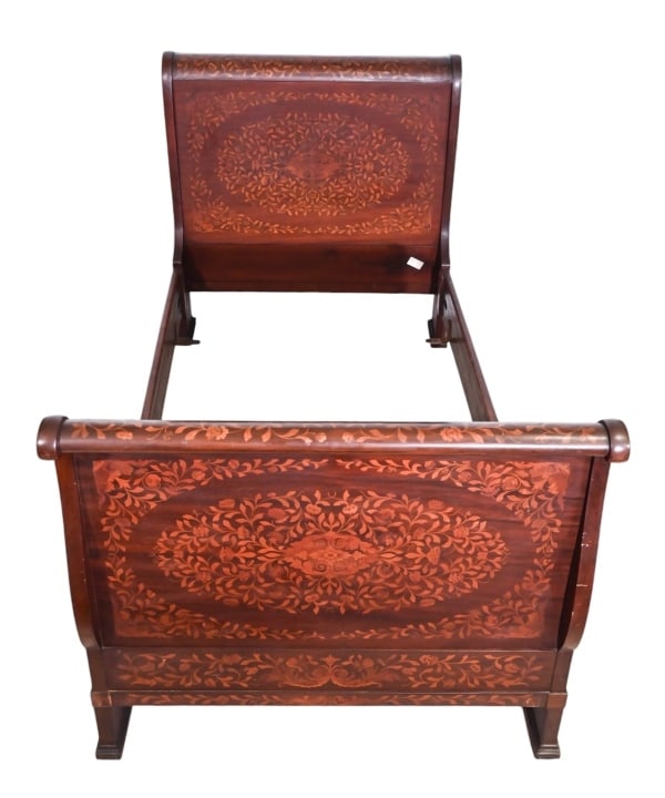 Dutch Marquetry Satinwood Inlaid Sleigh Bed: Dutch Marquetry Satinwood Inlaid Sleigh Bed.Measures 48 inches x 45 inches x 86 inches.