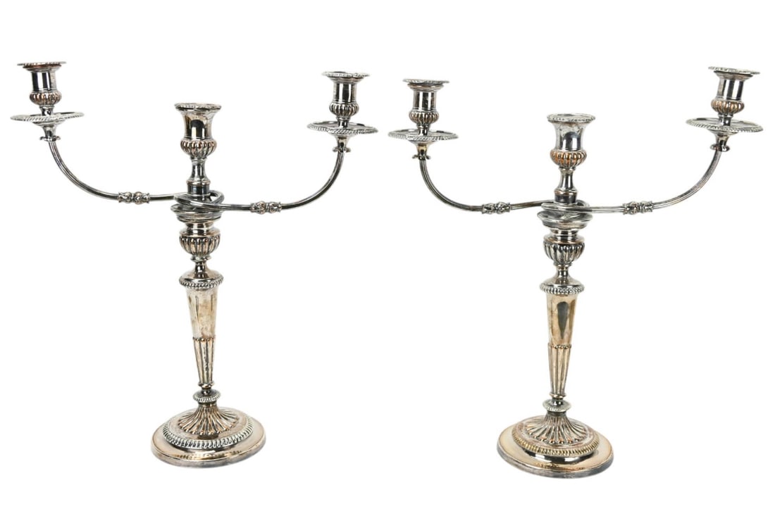 Antique Sheffield 3 Arm Silver Plate Candelabras: Pair Antique Sheffield 3 Arm Silver Plate Weighted Candelabras. Each measures 19 inches x 17 inches.