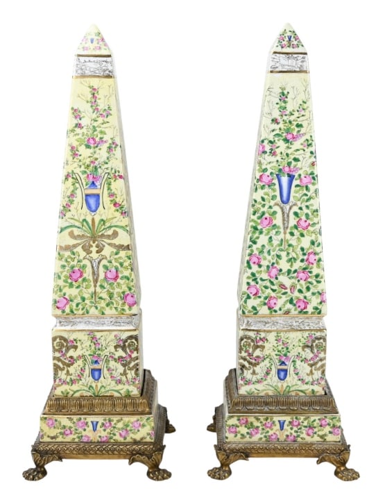 Pair Vintage Hand Painted Porcelain Obelisk: Pair Vintage Hand Painted Porcelain Obelisk with Bronze Base by JUWC.Measures 25 inches x 8.5 inches x 8.5 inches.