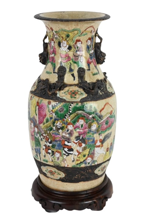 Chinese Hand Painted Nanking Vase & Stand: Chinese Hand Painted Nanking Vase & Stand. Stand has wood loss. Measures 16 inches x 7 inches in diameter.