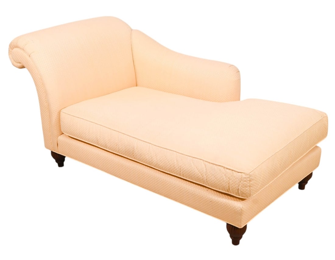 Baker Milling Road Upholstered Chaise Lounge: Baker Milling Road Custom Upholstered Roll Back Chaise Lounge. Down & Fiber Filled.Measures 32 inches x 64 inches x 32 inches, seat height 17 inches.1 Leg won't screw in.