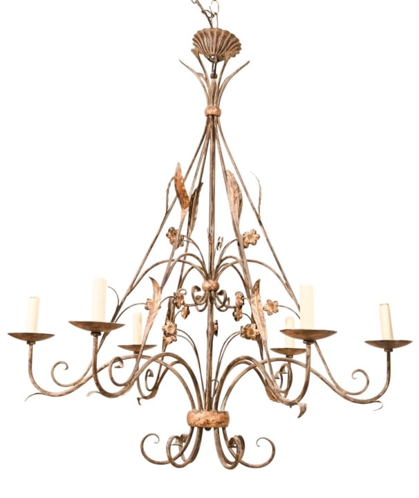 Italian Gilt Metal and Tole 6 Light Chandelier: Italian Gilt Metal and Tole 6 Light Chandelier.Measures 40 inches x 40inches diameter.