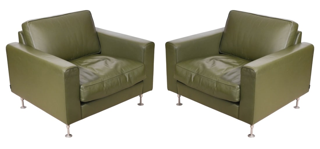 Pair Nienkamper Green Leather Tuxedo Lounge Chairs: Pair Nienkamper Custom Upholstered Green Leather Tuxedo Lounge Chairs.Measures 32 inches x 38 inches x 34 inches, seat height 17 inches.