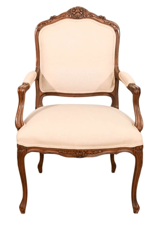 Louis XV Style Carved Upholstered Arm Chair: Louis XV Style Hand Carved Custom Upholstered Arm Chair.Measures 41 inches x 26 inches x 24 inches, seat height 19 inches.