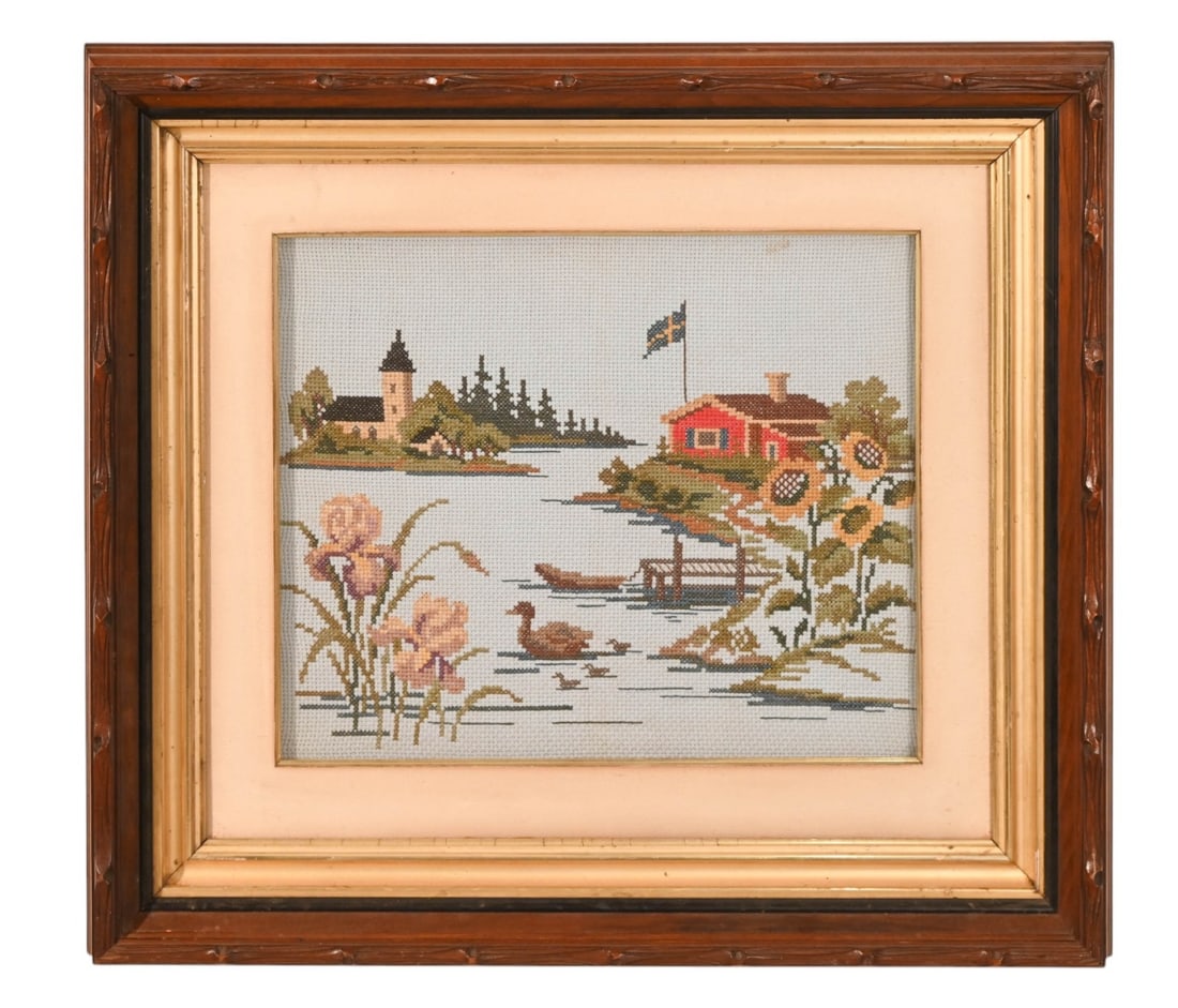 Vintage Hand Made Needlepoint of Village Framed (1 of 9)