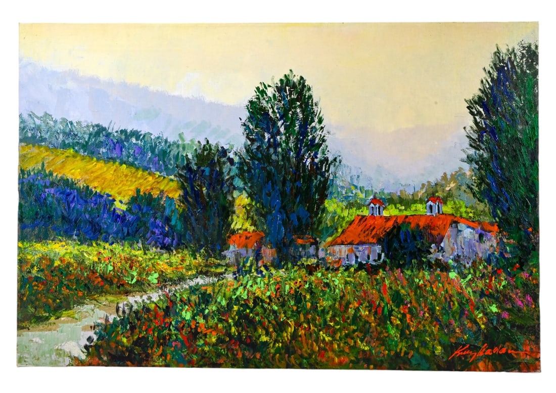 Kerry Hallam Signed Painting Coppola Vineyards: Kerry Hallam, American 1937 - 2020, Signed Acrylic Painting on Canvas Titled Coppola Vineyards, Unframed. Measures 24 inches x 36 inches. From the artist's estate.