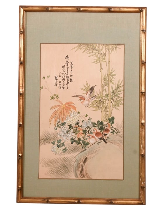 Vintage Chinese Watercolor Baby Quail Bamboo Frame (1 of 11)