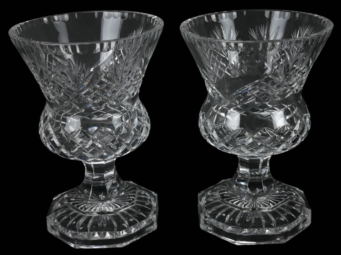 Pair Cut Glass Thistle Form Table Urns: Pair Cut Glass Thistle Form Table Urns. Each measures 9 inches x 6 inches in diameter. Unused.