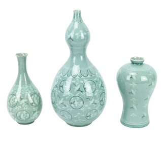 3 Korean Celadon Porcelain Vases