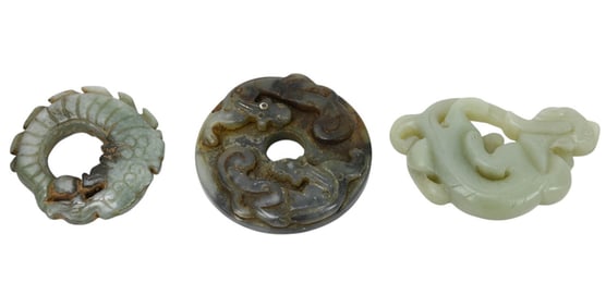 3 Chinese Carved Celadon Jade Dragon Disc Pendants