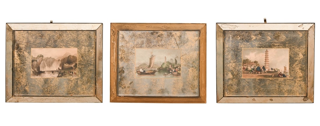 3 Antique C1830 Thomas Allom Chinese Engravings: 3 Antique C1830 Thomas Allom Framed Chinese Scenery Color Engravings in Antique Mirrored Frames and Matching Mats. One frame is missing all mirrored pieces. Framed each measures 13 inches x 16 inches