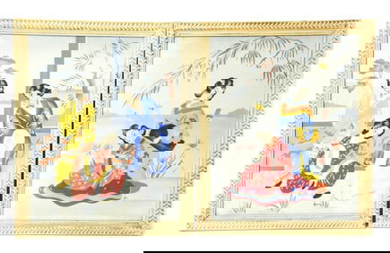 Pair Mid C Japanese Signed Wood blocks of Geishas