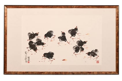 Chinese Signed Ink & Watercolor Painting of Chicks