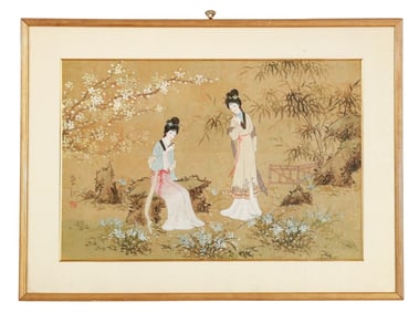 Japanese Signed Gouache Painting of Geishas