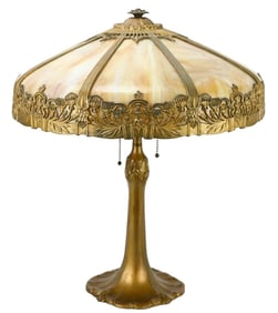 Antique Slag Glass & Bronze Tone Table Lamp