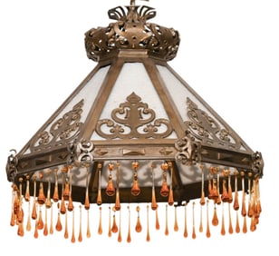 Majestic Art Deco Bronze & Slag Glass Chandelier
