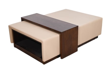 Modern Wood and  Leather Ottoman with Slide