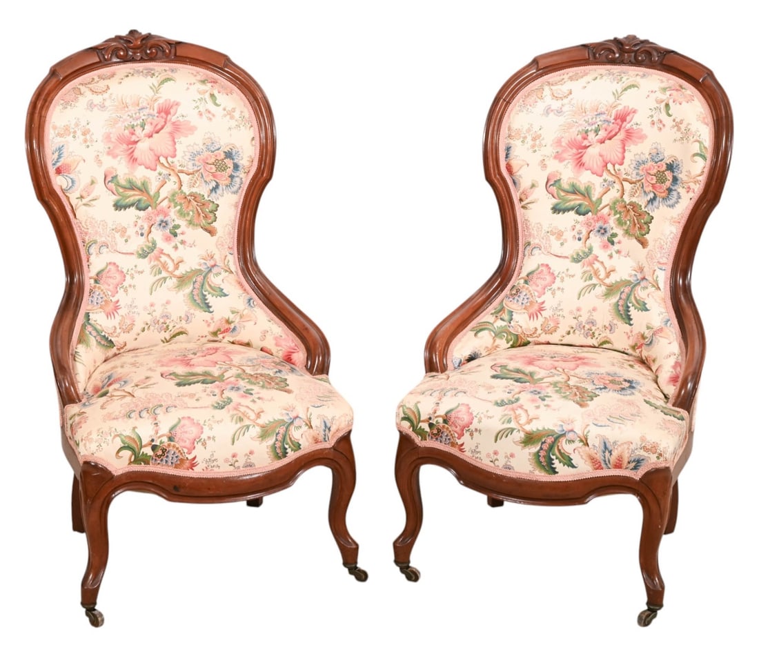 Pair Victorian Carved Floral Upholstered Chairs (1 of 14)