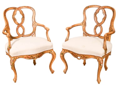 Rococo Style Carved Painted Upholstered Armchairs