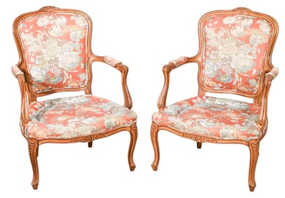 Pair Carved Custom Upholstered Arm Chairs