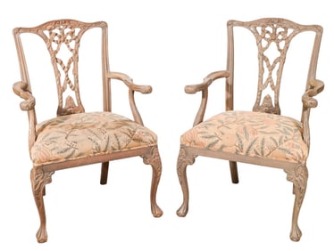 2 Chippendale Style Carved Upholstered Armchairs