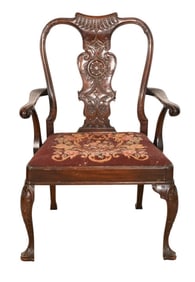 Antique Carved Needlepoint Upholstered Armchair