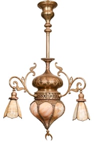 French Art Nouveau Brass Slag Glass Chandelier