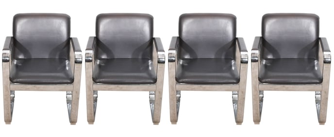 4 Mid Century Leather and Flat Bar Chrome Chairs