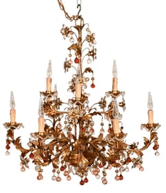 Venetian Gilt and Tole Chandelier w Amber Crystals