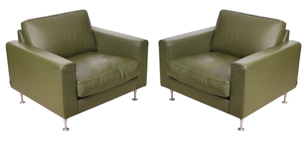Pair Nienkamper Green Leather Tuxedo Lounge Chairs