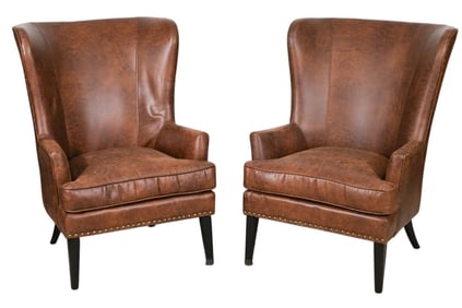 Pair Mid Century Faux Leather Upholstered Wingback