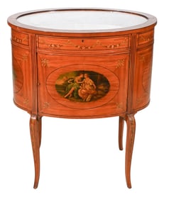Adams Style Satin Wood Painted Glass Top Cabinet