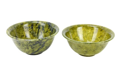 Pair Chinese Spinach Jade Bowl on Carved Stand