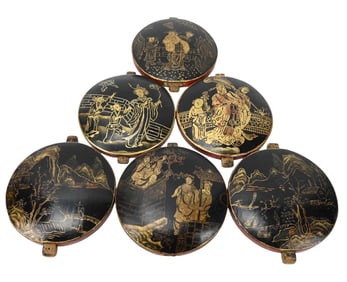 6 Antique Chinoisserie Carved Painted Wood Panels